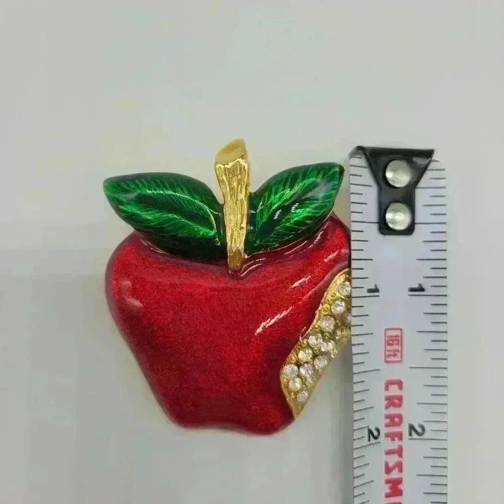 Vintage Red Apple Sweet Plated Gold Enamel & Rhinestone Brooch Lovely - Picture 9 of 9